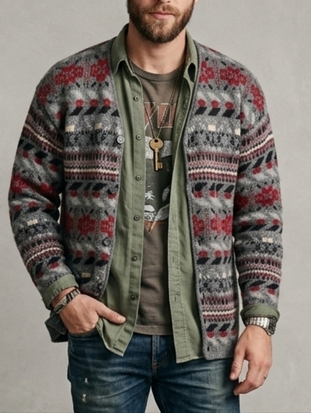 Vintage 100% Wool Fair Isle Fisherman Grandpa Cardigan M